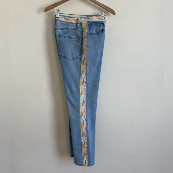 Tory Burch High Waisted Stretch Jeans Embroidered Floral Side Stripe Sz 30